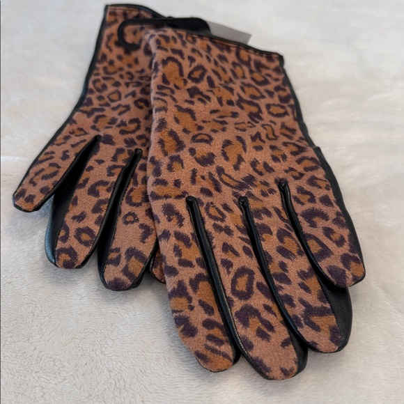 Banana Republic Leopard Print Gloves Tan & Black faux leather palm fleece lined - Picture 2 of 9